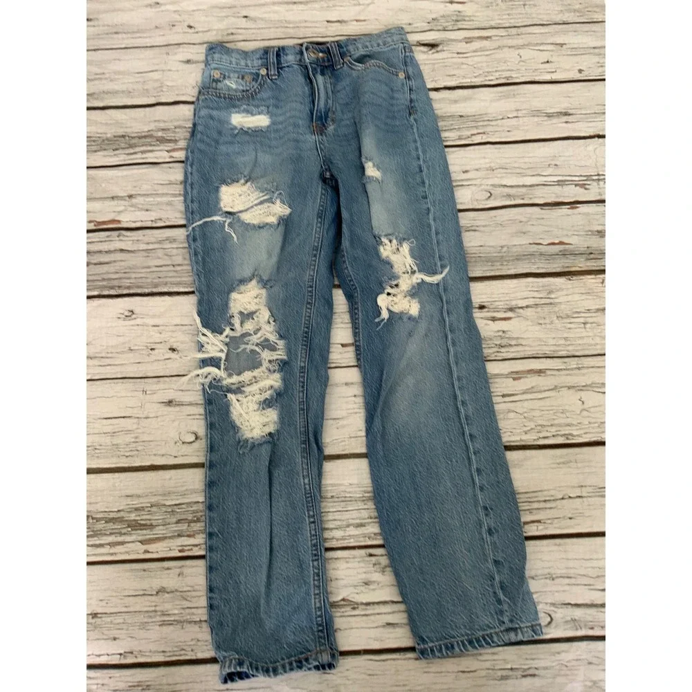 Aeropostale Mom Jeans Womens 0 Medium Wash Distressed Ripped High Rise Denim - Picture 1 of 4